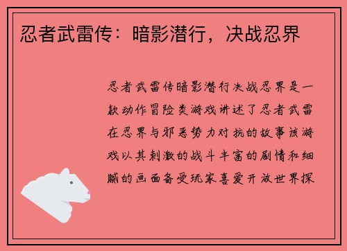 忍者武雷传：暗影潜行，决战忍界