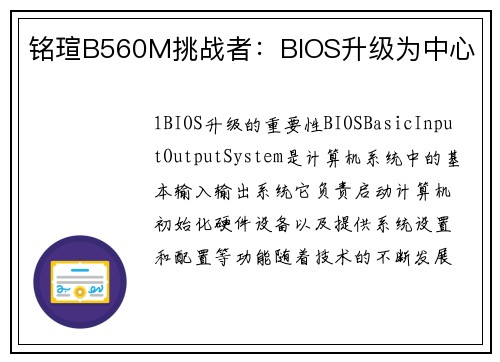 铭瑄B560M挑战者：BIOS升级为中心