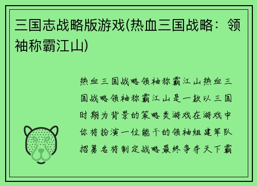 三国志战略版游戏(热血三国战略：领袖称霸江山)
